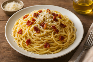 Classic spaghetti carbonara with crispy bacon and grated cheese served on a white plate.