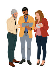 Obraz premium Business team members, men, woman standing together looking to digital tablet, talking, discussing work problems. Colorful flat hand drawn vector illustration isolated on transparent background