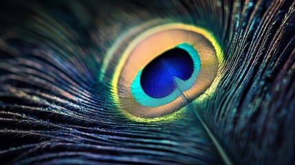 Obraz premium Closeup vibrant peacock feather detailed texture image blue gold bird green macro shiny nature exotic