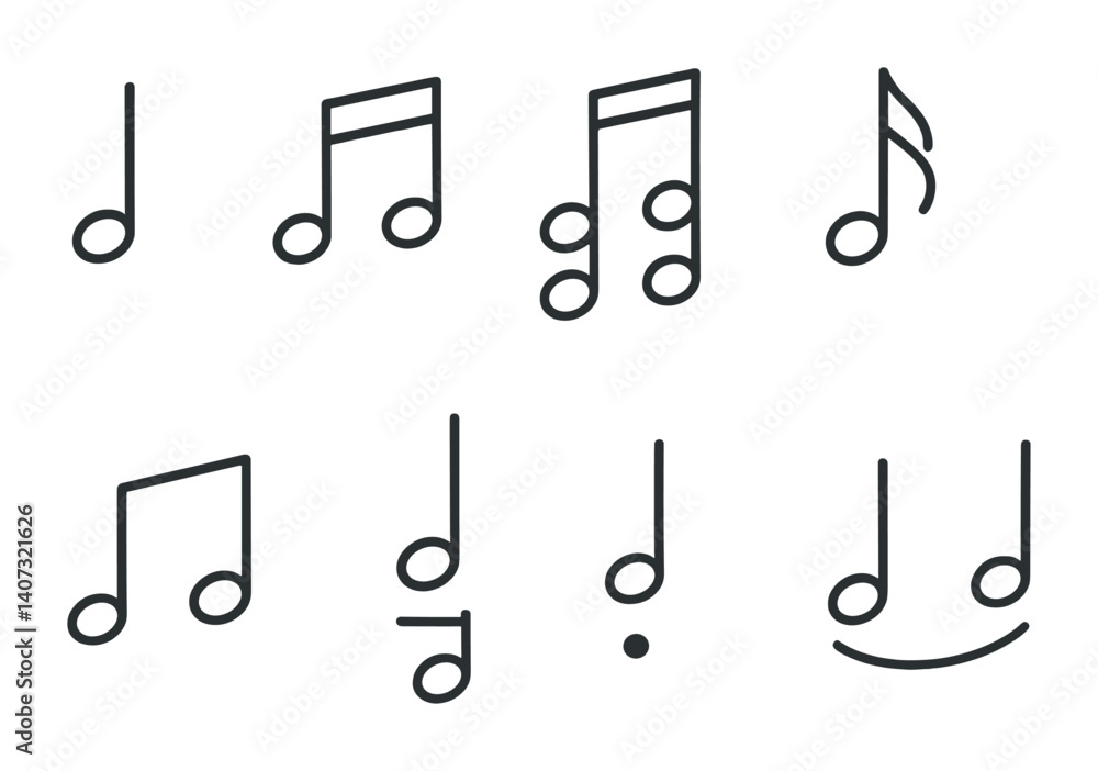 Poster outline vector icons of phone widgets: clock widget, weather widget, calendar widget, notes, search 