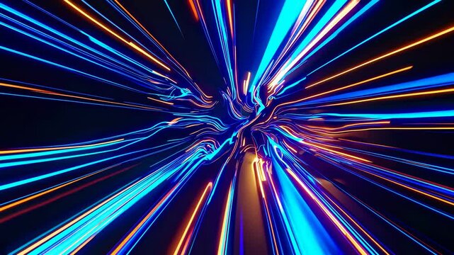 Futuristic abstract neon tunnel digitally created showcasing energetic fast streaks of blue and orange lights symbolizing technology, speed, dynamic innovation and sci-fi concept