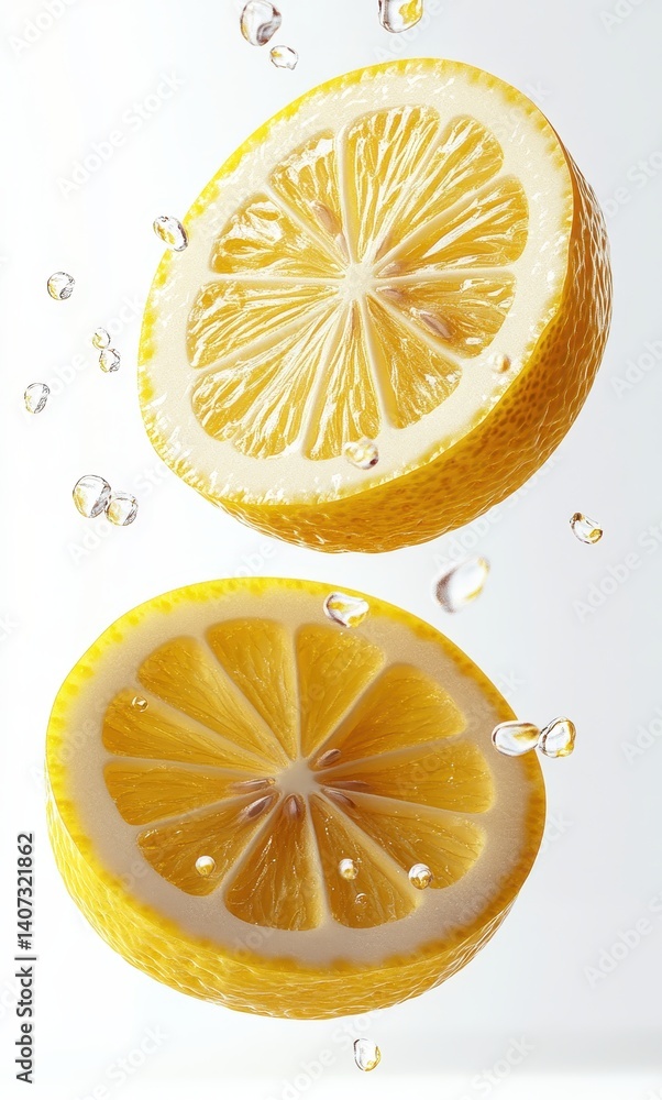 Aufkleber freshly cut lemon slices floating in water with sparkling drops on a bright background for culinary 