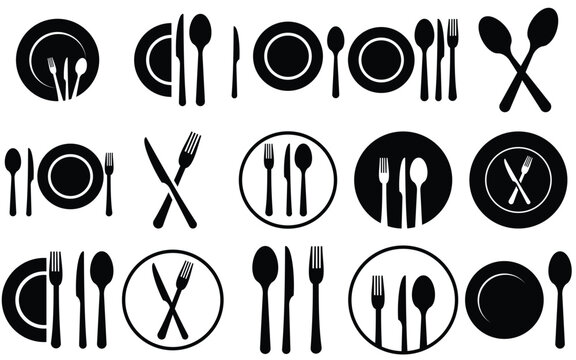 place setting cutlery knife, spoon and plate set icons of vector  illustration