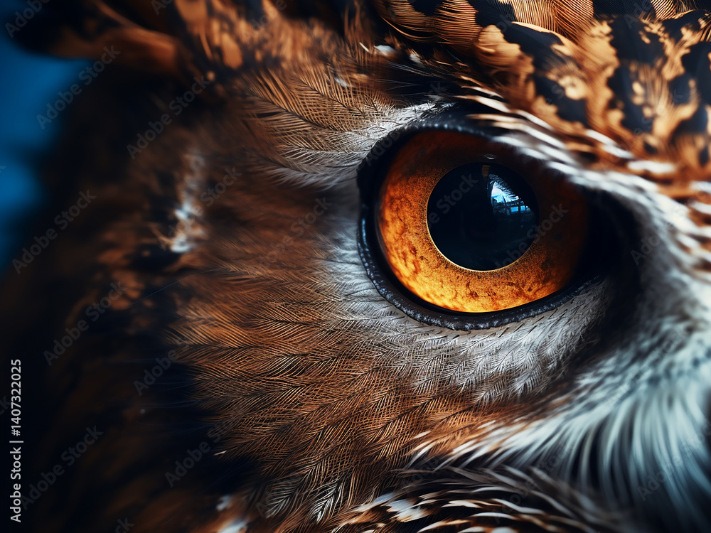 Poster owl eye with a wide-dilating pupil and feathers surrounding it showing deep wisdom