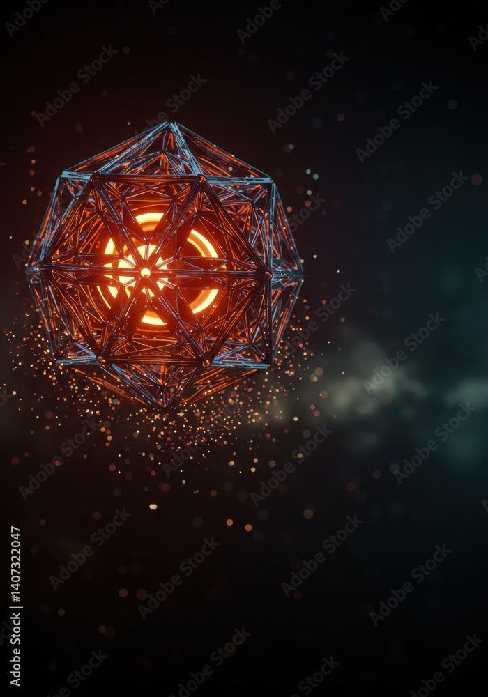 Poster glowing geometric sphere in dark space: abstract 3d render of illuminated polyhedron with sparks