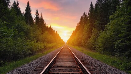 Fototapeta premium Landscape scene with railroad tracks leading towards sunset behind pine trees on hill.