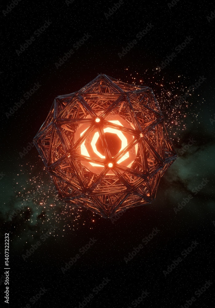 Aufkleber glowing celestial orb in cosmic nebula: a 3d render of intricate geometric structure
