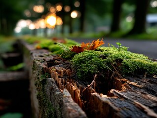 Vibrant Green Moss Growing on Weathered Wood Forest Path Nature Photography Tranquil Environment Close-Up Perspective