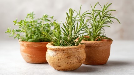 Fototapeta premium Aesthetic display of three small potted herbs, featuring vibrant green leaves. Perfect for adding a touch of nature to any kitchen or garden setting.