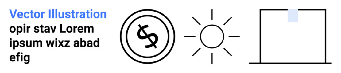 Dollar coin, shining sun, and minimal geometric shape evoke themes of wealth, sustainability, and innovation. Ideal for finance, energy, progress, ecology investment and development abstract line