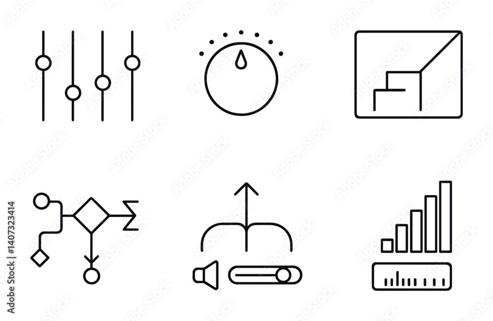 Poster outline vector icons of sound engineering: eq sliders, gain knob, compressor icon, limiter, signal c