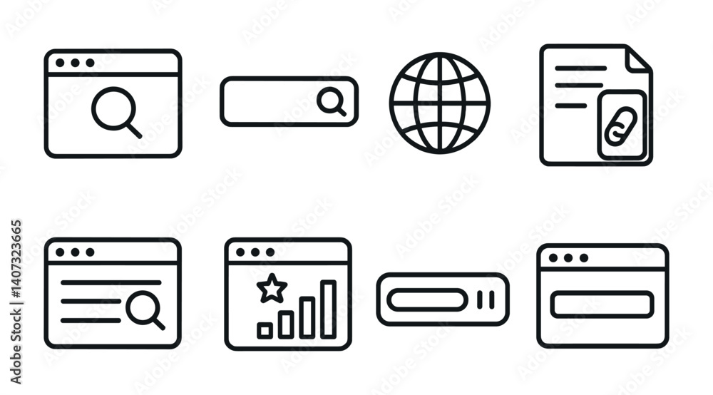 Poster outline vector icons of website elements: button, link, image placeholder, text box, search field, i