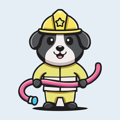 Fototapeta premium Cartoon Firefighter Dog Holding Hose, Smiling with Helmet, Action Pose