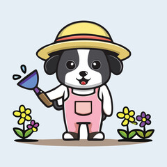 Fototapeta premium Gardener Cartoon Puppy Watering Flowers, Wearing Straw Hat, Spring Background