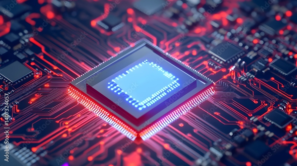 Poster neon-illuminated microchip representing intelligence in autonomous vehicles