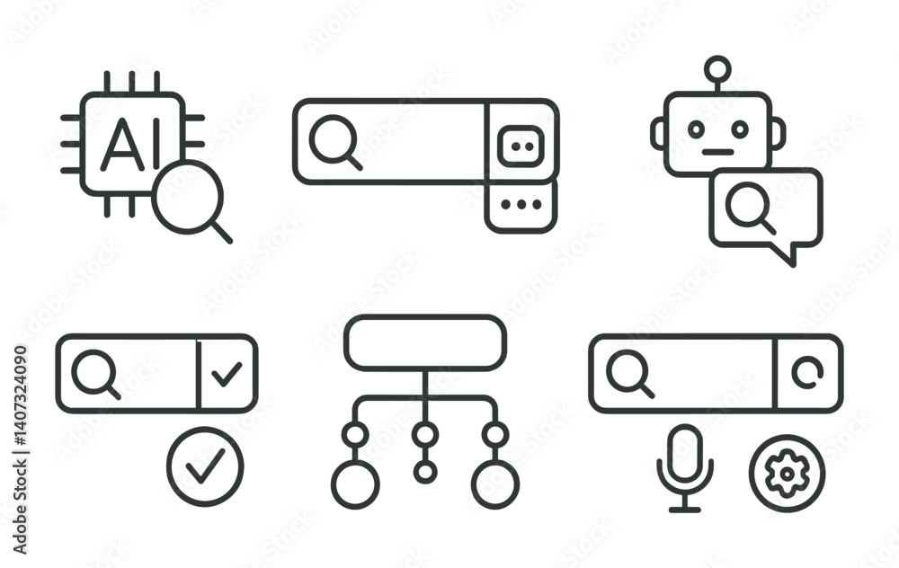 Poster outline vector icons of smart search: ai icon, suggestion engine, chatbot search, smart results, sem