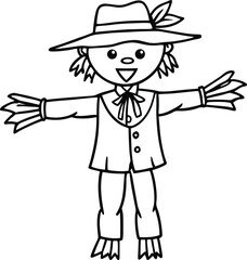 Charming Scarecrow Line Art Vector - Cute Autumn Farm Character Drawing for Kids