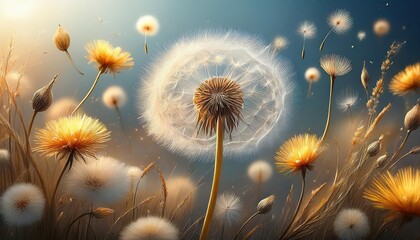 Vibrant Dandelions and Blooming Flowers in an Impressionistic Artistic Masterpiece, Capturing the Essence of Natures Bounty with Soft Hues and Textures.