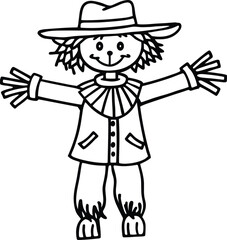 Adorable Scarecrow Line Art Vector - Simple Autumn Harvest Character Illustration