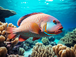 Fototapeta premium Parrotfish grazing coral and crunching sand to create fine reef while maintaining habitat