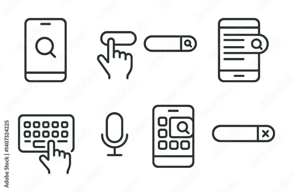 Poster outline vector icons of digital note apps: mobile notes app, desktop notes, cloud notes, sync icon, 