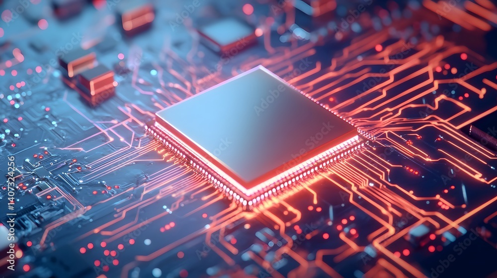 Poster neon-lit microchip representing autonomous vehicle technology and intelligence