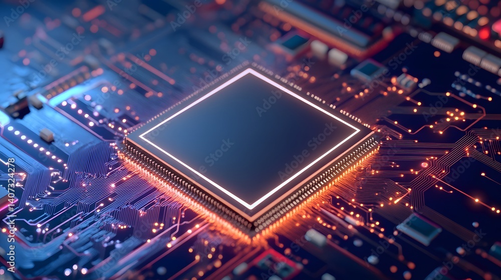 Poster neon-lit microchip representing intelligence in autonomous vehicle technology