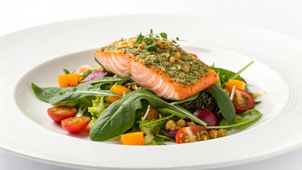 Freshly Plated Salmon with Herb Crust and Mixed Greens
