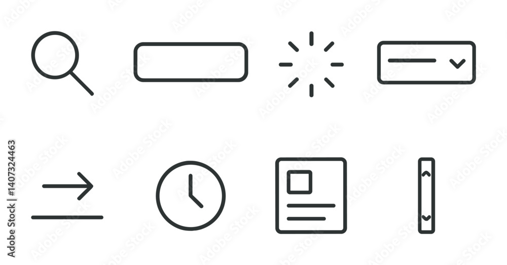 Poster outline vector icons of phone widgets: clock widget, weather widget, calendar widget, notes, search 