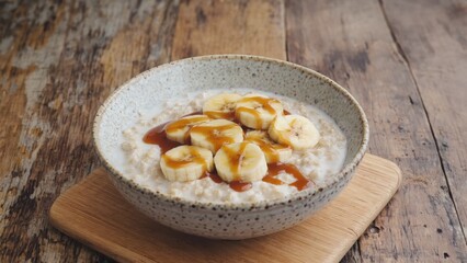 A bowl of oatmeal with bananas and syrup. The bowl is on a wooden table. The bananas are sliced and scattered around the oatmeal. The syrup is drizzled over the bananas