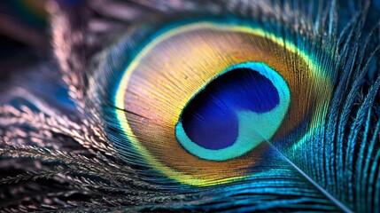 Obraz premium Closeup vibrant peacock feather detailed texture image blue gold bird green macro yellow nature