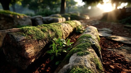 Mossy Logs and Lush Greenery Tranquil Forest Nature Photography Early Morning Light Ground Level View Serenity in Nature