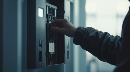 Electrician repairing an electrical panel at a commercial building. Featuring electrical maintenance and infrastructure
