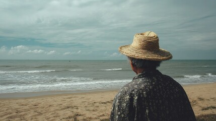 Calm Seaside Reflection of an Elderly Man Wearing a Hat
