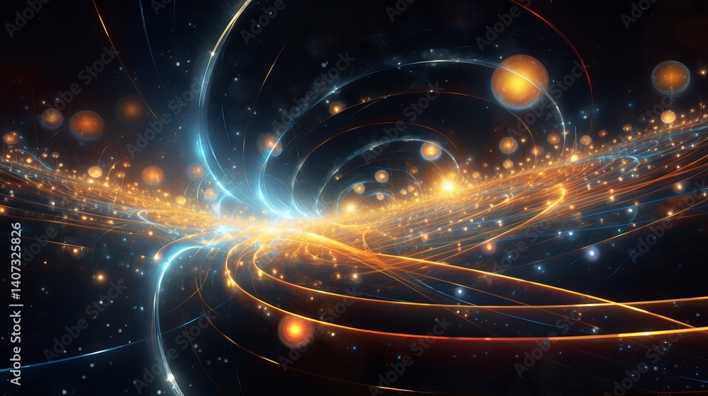 Poster abstract rendering of light streaks and glowing orbs in a dark space with a cosmic aesthetic look