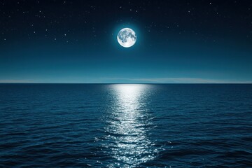Full moon illuminates a dark ocean water surface at night with stars.