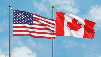 Two country flags on poles, symbolizing unity or event partnership between the USA and Canada.