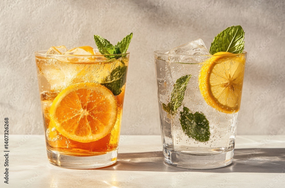 Poster refreshing beverage display with orange and lemon slices in glimmering glasses enhanced by natural l