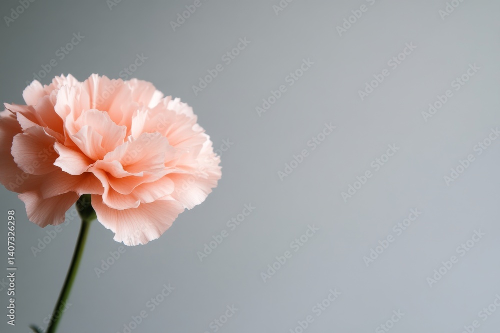 Poster A minimalist close-up featuring a soft pink carnation on a white backdrop, showcasing subtle shadowing and ample copy space for design purposes