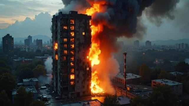 Fiery Apartment Building Inferno Dramatic Cityscape Night Fire Disaster
