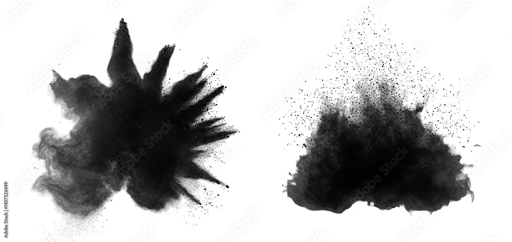 Poster dynamic black smoke and white powder explosion effects captured on a transparent background for visu