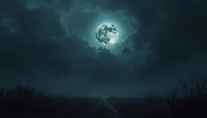 Celestial Solitude: A captivating moon illuminates a dark, enigmatic landscape, casting an ethereal glow across a serene terrain and fostering a sense of tranquility and introspection.