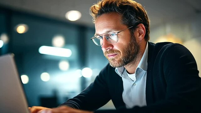 Professional reviewing case study data in a modern office setting.