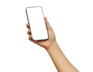 Asian woman holding smartphone in hand with blank screen isolated on white background with clipping path.