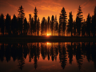 Obraz premium A pine forest at sunset features sharp needle silhouettes and glowing amber sap in the sky