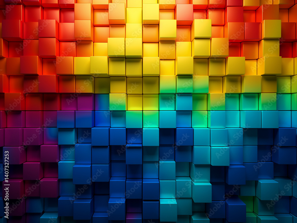 Poster pixelated rainbow blocks arranged in squares showcase the spectrum in perfect order