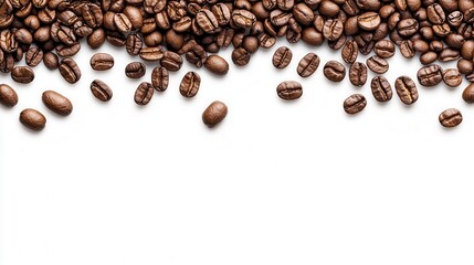 Roasted coffee beans border on white background.