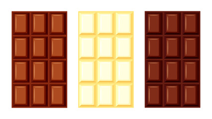Set of tasty whole chocolate bars in cartoon style. Vector illustration of chocolate bars: milk, white, dark chocolate isolated on white background. Cocoa products. Sweet dessert. Confectionery.