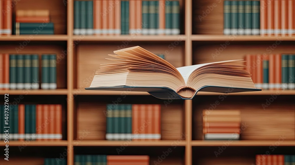 Poster books floating in the air on cognition and bookshelves concept. an open book floating above a librar