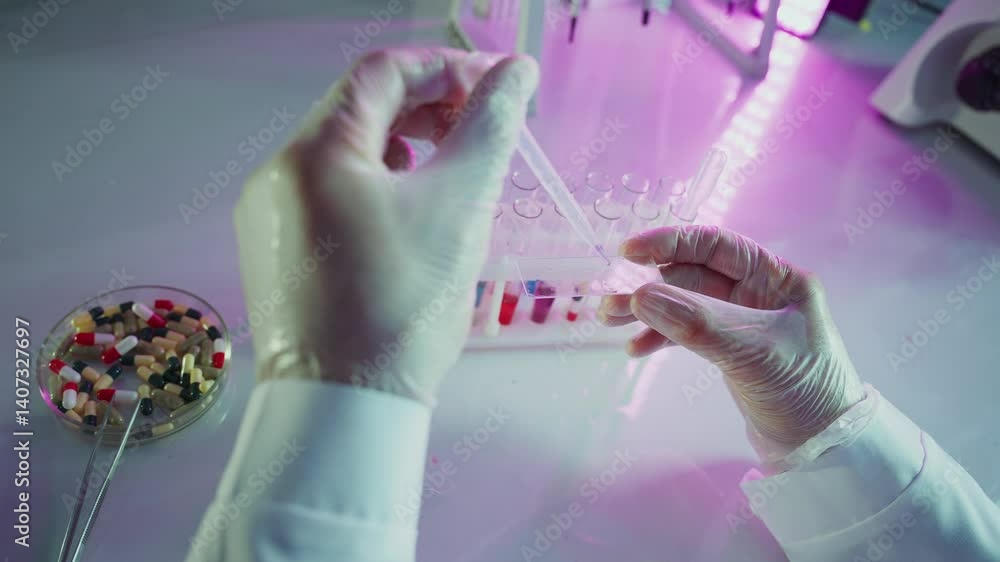 Wall mural laboratory technician adding fluid sample with pipette in test tube during scientific experiment in 